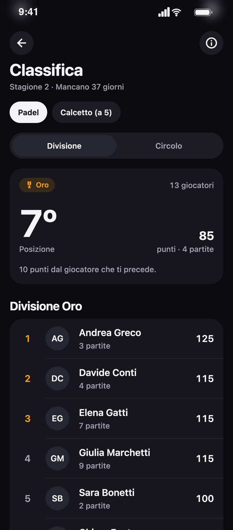 Schermata Classifica dell'app RANKED: la stagione in corso, la tua posizione e i giocatori della divisione Oro