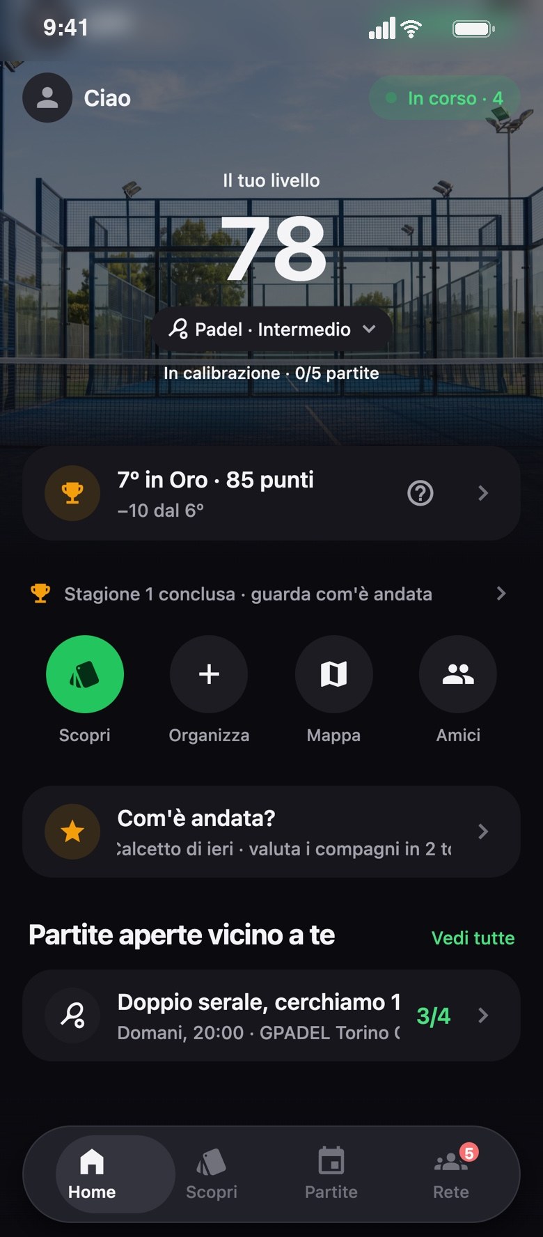 Schermata Home dell'app RANKED: il tuo livello nello sport scelto, con la classifica di stagione e le partite aperte vicino a te